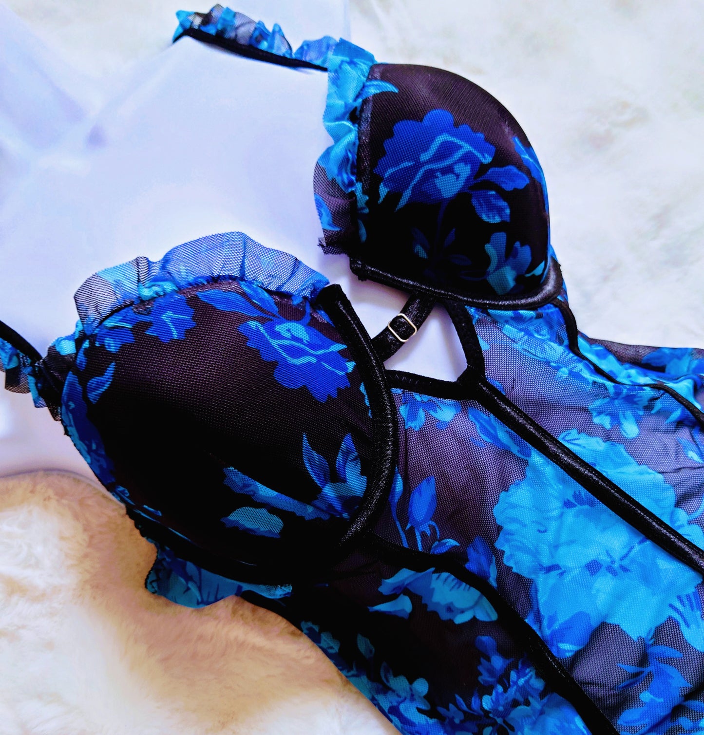 Gorgeous Blue Lagoon Floral Print Push-up Bra Bodysuit.